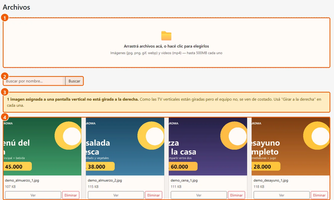 Pantalla de archivos del sistema de cartelería, con promociones listas para mostrar