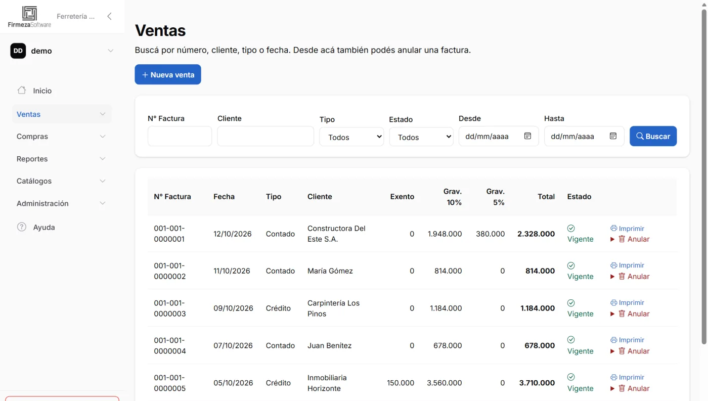 Pantalla de ventas de un sistema a medida, con la lista de facturas y los filtros de búsqueda